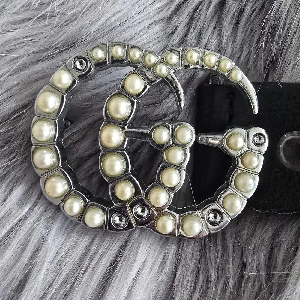 Gucci Black Leather Belt with Pearl Double-G Buckle